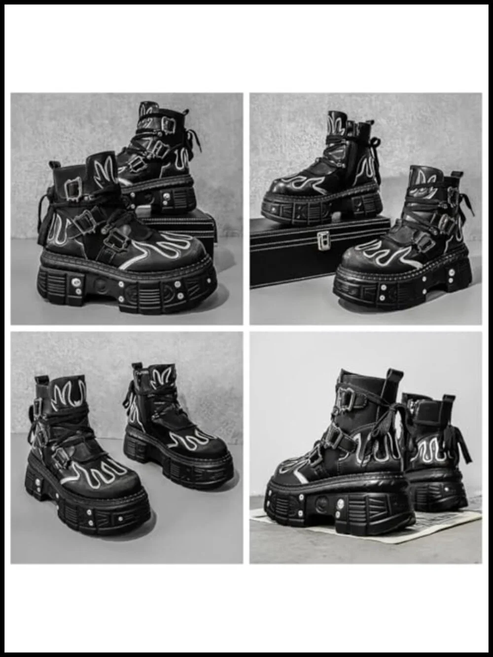 Men's Black Leather Platform Motorcycle Ankle Boots Flame Pattern Side Zipper